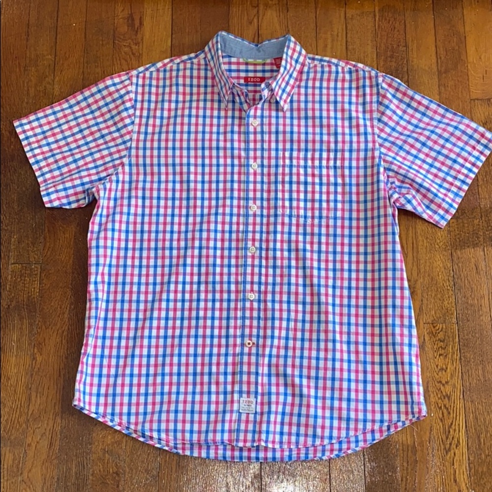 Izod Blue and Pink Gingham Button Down Shirt Large